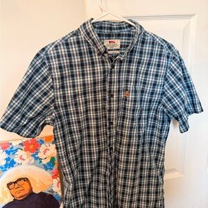 Fjallraven Men’s Blue and Black Plaid Short-Sleeve Button-Down Shirt